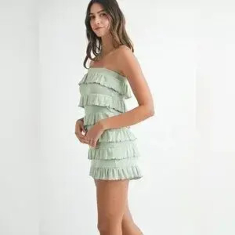 MABLE Pointelle Knit Fabric Ruffled Tube Romper - Picture 3 of 10